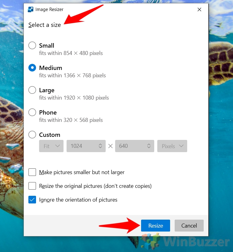 Windows 10 - Explorador de archivos - Seleccionar imágenes - Clic derecho - Cambiar el tamaño de las imágenes Seleccionar un tamaño - Cinfirm