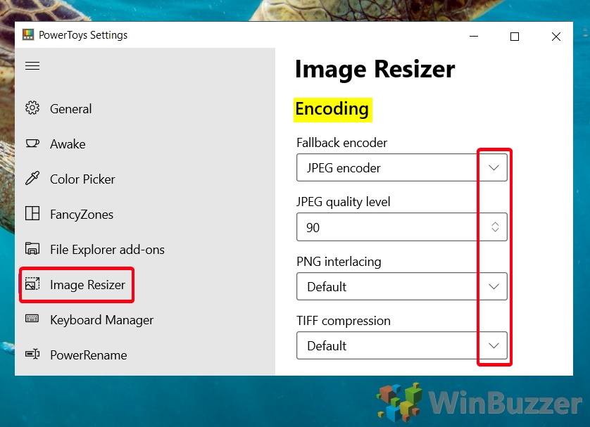 Windows 10 - PowerToys - Cambiar tamaño de imagen - Codificación - Seleccionar preferencias