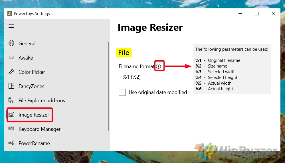 Windows 10 - PowerToys - Cambio de tamaño de imagen - Archivo - Formato de nombre de archivo