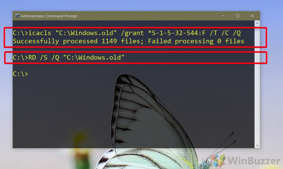 Administrador de CMD de Windows 10 - icacls windows.old y RD windows.old