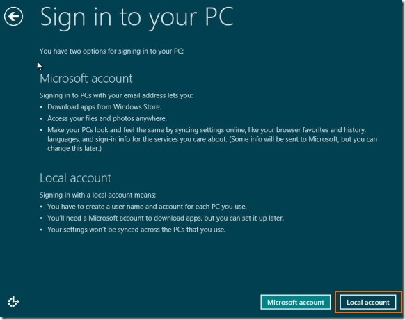 Crear cuenta de usuario sin dirección de correo electrónico en Windows 8 paso 1