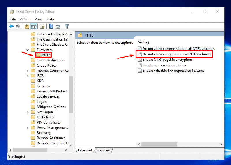 No permita el cifrado en todos los volúmenes NTFS