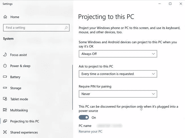 Proyectar a esta PC Opciones