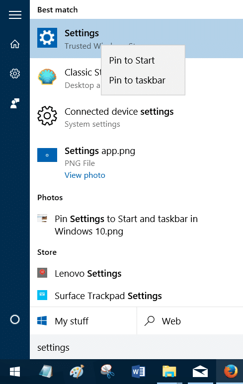 Fijar la configuración al menú de inicio y la barra de tareas en Windows 10 pic1