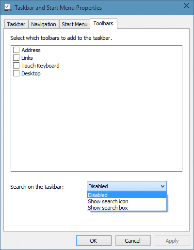 Eliminar el cuadro de búsqueda de la barra de tareas de Windows 10 step3