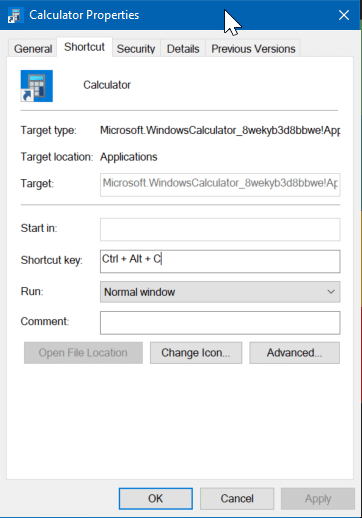 crear un atajo de teclado para abrir la calculadora en Windows 10 pic7