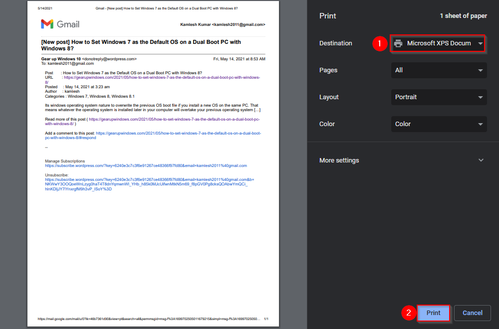 ¿Cómo guardar un mensaje de Gmail como formato PDF o XPS en Windows 10?