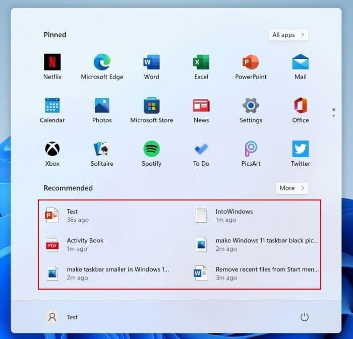 eliminar o deshabilitar archivos recientes del menú Inicio en Windows 11 pic1